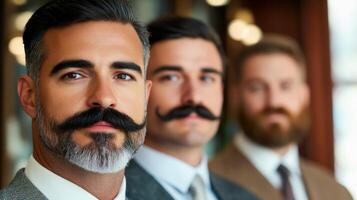 Group of diverse men of different ages all sporting various mustache styles standing together in a barbershop photo