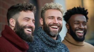 Group of men laughing together at a support group meeting diverse ages warm and welcoming atmosphere photo