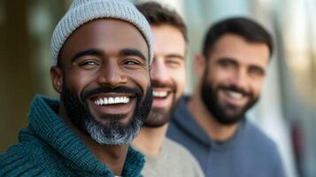 Group of men laughing together at a support group meeting diverse ages warm and welcoming atmosphere photo