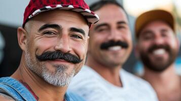 Group of men with different mustache styles at a community event smiling and chatting diverse ages and backgrounds photo