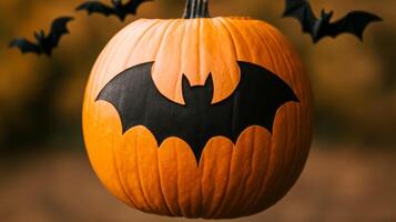 Halloween pumpkin carved with a bat silhouette with real bats flying in the background under a full moon photo