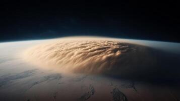 Huge dust storm crossing an arid desert from space view sandy haze moving across a stark barren landscape photo