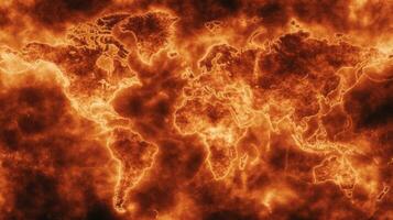 Intense red and orange heatwave patterns spreading over continents from satellite view temperature spikes visible photo
