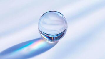 Iridescent face serum droplet forming a delicate transparent bubble against a white background with a rainbow reflection photo
