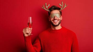 Jubilant person with reindeer antlers and a glittering face mask holding a sparkling glass of champagne photo
