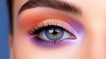 Layers of pastel eyeshadow shades blending seamlessly from peach to lavender soft textures with a velvet feel photo