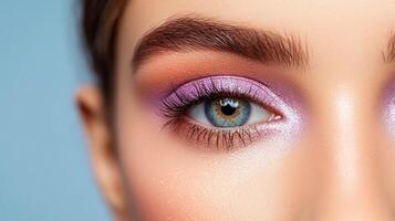 Layers of pastel eyeshadow shades blending seamlessly from peach to lavender soft textures with a velvet feel photo