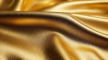 Macro of gold leather with a metallic sheen and smooth texture reflecting light in shimmering patterns photo