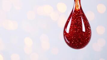 Macro of fine red and gold cosmetic pigments floating in clear serum suspended in a transparent drop against white photo