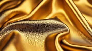 Macro of gold leather with a metallic sheen and smooth texture reflecting light in shimmering patterns photo