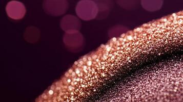 Macro of warm taupe eyeshadow with hints of gold sparkles blending into a deep plum background photo