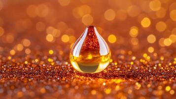 Macro view of golden amber facial oil drop reflecting light surrounded by tiny red and brown pigment particles photo