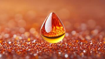 Macro view of golden amber facial oil drop reflecting light surrounded by tiny red and brown pigment particles photo