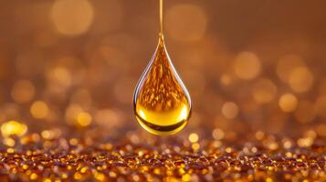 Macro view of golden amber facial oil drop reflecting light surrounded by tiny red and brown pigment particles photo