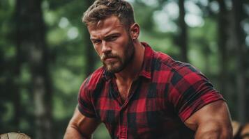 Man with a rugged mustache and a flannel shirt chopping wood in a forest rugged outdoorsman theme photo