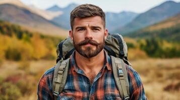 Man with a thick walrus mustache hiking up a mountain trail wearing a rugged flannel shirt and backpack photo