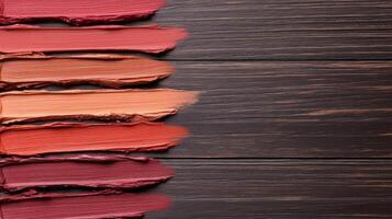 Maroon and pumpkin colored lip liner strokes on a rustic wooden background evoking the feeling of a fall evening photo