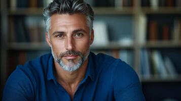 Mature man with a thoughtful expression journaling about mental health in a peaceful home office photo