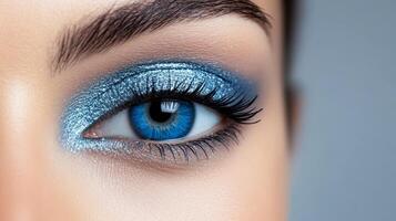 Metallic frosted blue eyeliner stroke against a smooth matte white background resembling a winter sky photo