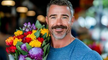 Middle aged man with a handlebar mustache holding a bouquet of flowers smiling at a farmers market photo