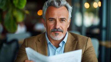 Middle aged man with a neatly trimmed mustache and salt and pepper hair sitting at a cafe reading a newspaper photo