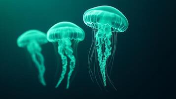 Neon jellyfish floating over a gradient of silver and midnight green representing the flow of time photo