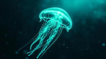 Neon jellyfish floating over a gradient of silver and midnight green representing the flow of time photo