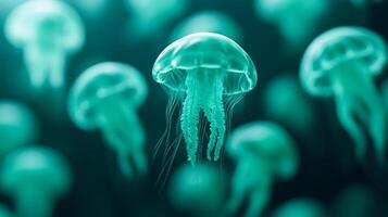 Neon jellyfish floating over a gradient of silver and midnight green representing the flow of time photo
