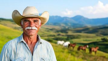 Older man with a white mustache and cowboy hat standing proudly in a rural landscape with horses in the background photo
