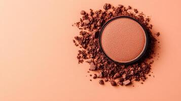 Rich cocoa and caramel eyeshadow blending seamlessly in a warm gradient on a light peach surface photo