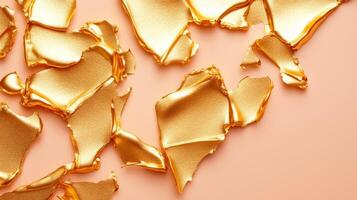 Sparkling gold leaf fragments on a soft peach cream surface a luxurious and delicate closeup of cosmetic textures photo