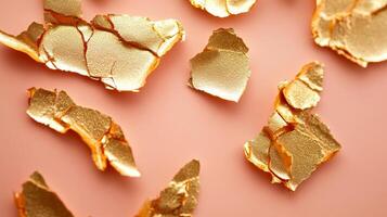 Sparkling gold leaf fragments on a soft peach cream surface a luxurious and delicate closeup of cosmetic textures photo