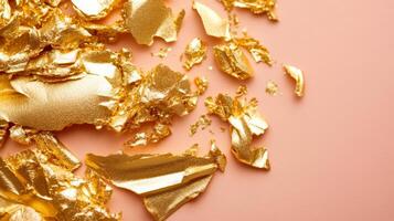Sparkling gold leaf fragments on a soft peach cream surface a luxurious and delicate closeup of cosmetic textures photo