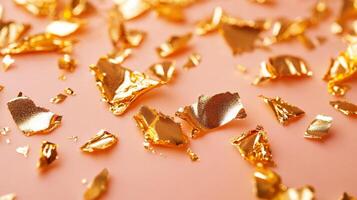 Sparkling gold leaf fragments on a soft peach cream surface a luxurious and delicate closeup of cosmetic textures photo
