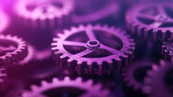 Steampunk gears turning against a gradient from rust to twilight purple suggesting the passage of time photo