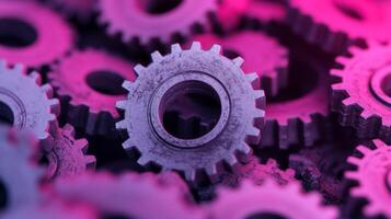 Steampunk gears turning against a gradient from rust to twilight purple suggesting the passage of time photo