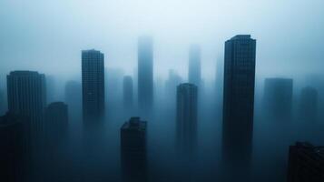 Super fog engulfing a cityscape dense mist reducing visibility with faint outlines of buildings and lights photo