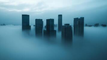 Super fog engulfing a cityscape dense mist reducing visibility with faint outlines of buildings and lights photo