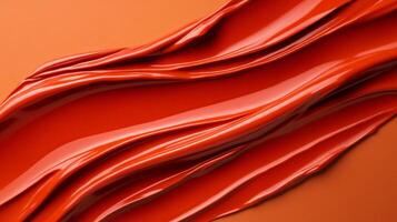 Swirls of rich coppery red liquid lipstick creating an abstract pattern on a soft muted orange background photo