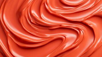 Swirls of rich coppery red liquid lipstick creating an abstract pattern on a soft muted orange background photo
