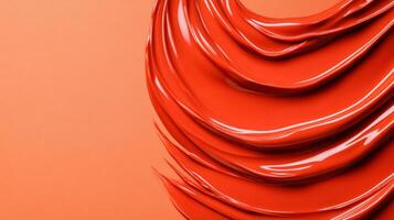 Swirls of rich coppery red liquid lipstick creating an abstract pattern on a soft muted orange background photo