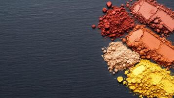 Textured palette of umber and rust cosmetic powders scattered on a slate grey background with an autumn feel photo
