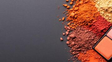 Textured palette of umber and rust cosmetic powders scattered on a slate grey background with an autumn feel photo