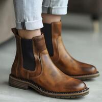 Elegant and stylish brown leather women's boots photo