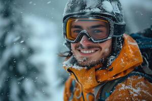 A man in a snow suit smiling in the snow photo