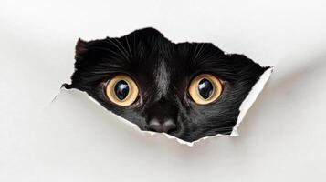 A playful black cat with striking yellow eyes curiously emerges from a tear in white paper, showcasing its playful side photo