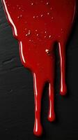 Glossy red paint drips down against a dark surface, showcasing vibrant color and texture in a creative setting photo