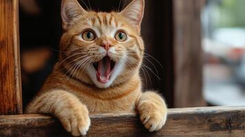 A playful ginger cat sits on a wooden ledge, capturing attention with its wide-open mouth photo