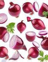 Flying red onion cuts and slices isolated on a white background photo