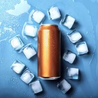 cold beverage can with ice cubes. Summer refreshing drink. photo